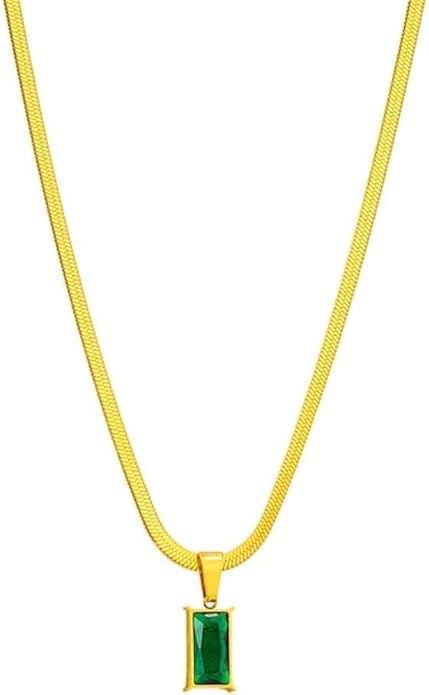 Green Gold Plated Korean Style Necklace With Green Stone Pendant For Women