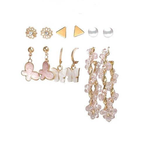 Pink Trendy 6-In-1 Butterfly & Hoop Earrings Set For Women & Girls
