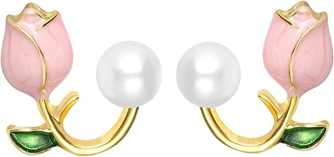 Golden, White & Pink Korean Floral Pearl Earrings For Women & Girls