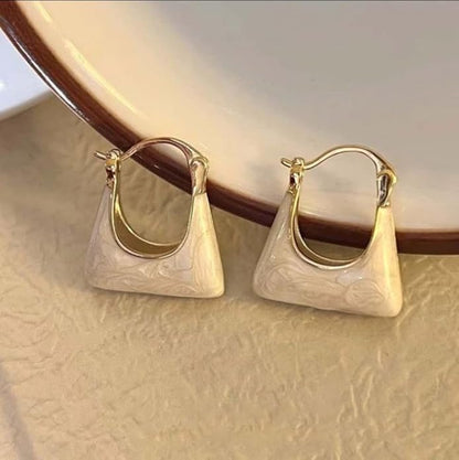 White & Gold Plated Korean Style Handbag Hoop Earrings For Women & Girls