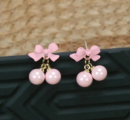 Pink Korean Style Bow & Pearl Drop Earrings For Girls & Women