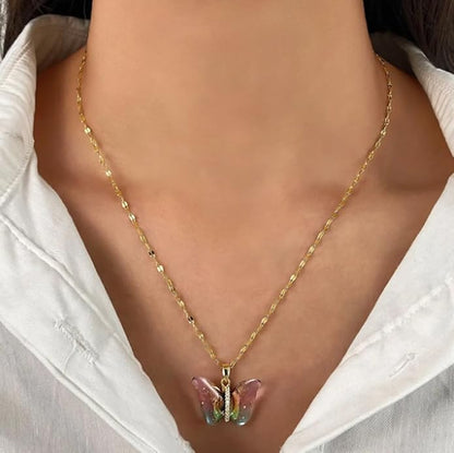 Golden Korean Style Colorful Butterfly Pendant Necklace For Girls & Women