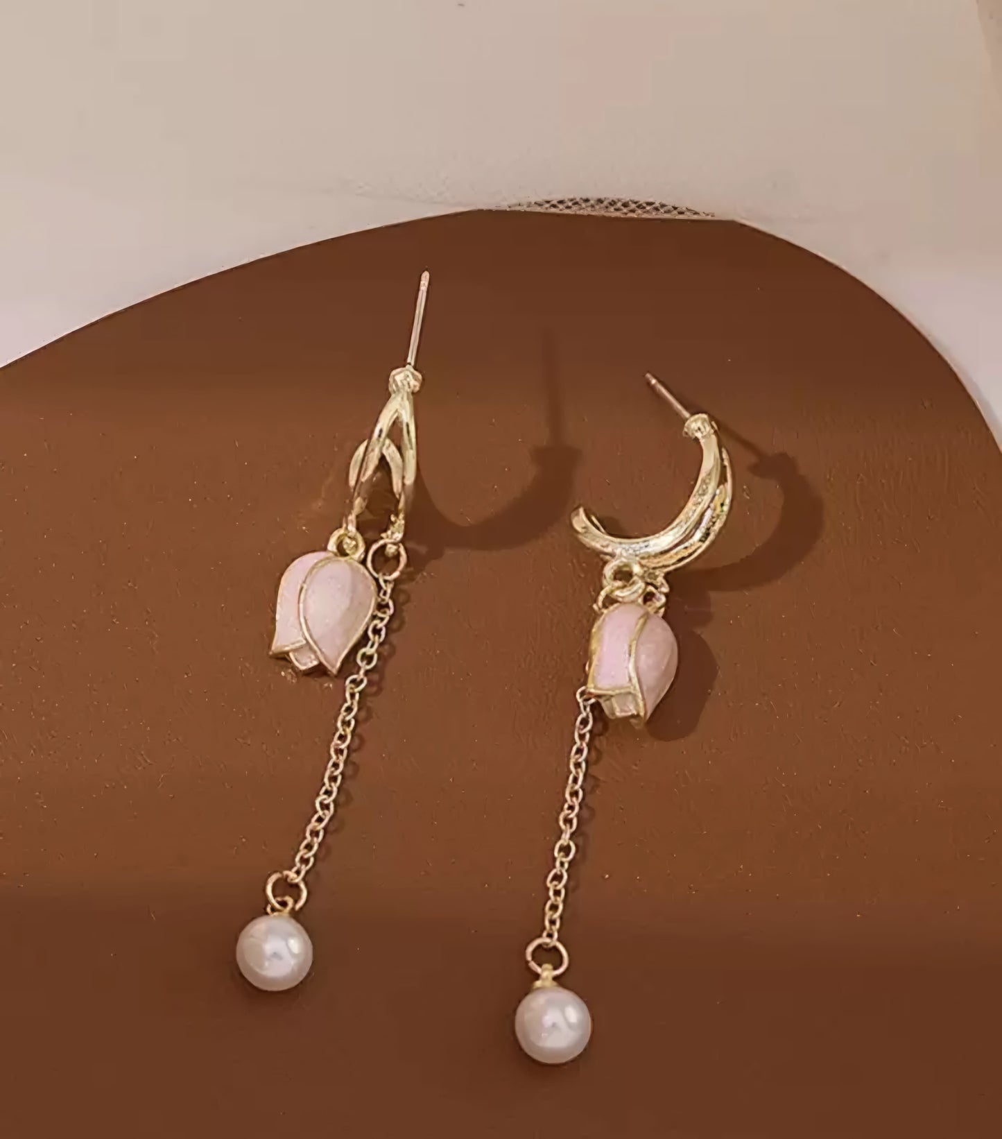 Pink & White Gold Plated Korean Style Tulip Flower Drop Earrings For Women & Girls