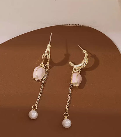 Pink & White Gold Plated Korean Style Tulip Flower Drop Earrings For Women & Girls