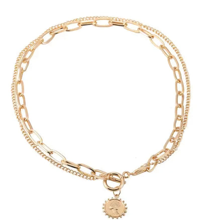Gold Plated Korean Style Layered Chain Necklace With Vintage Coin Pendant For Women & Girls