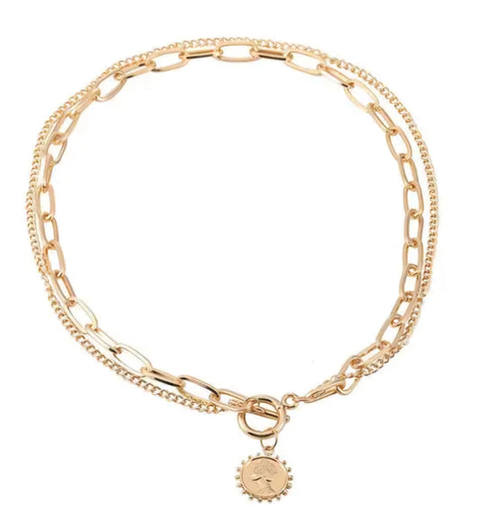 Gold Plated Korean Style Layered Chain Necklace With Vintage Coin Pendant For Women & Girls
