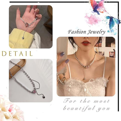 White & Silver Korean Style Pearl & Crystal Heart Pendant Necklace For Women & Girls