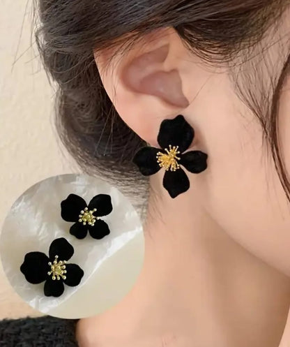 Black Korean Style Floral Fabric Earrings For Women & Girls