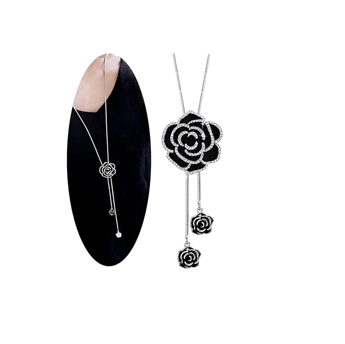 Black Korean Style Rose Pendant Necklace For Women & Girls