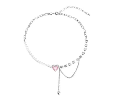 White & Silver Korean Style Pearl & Crystal Heart Pendant Necklace For Women & Girls