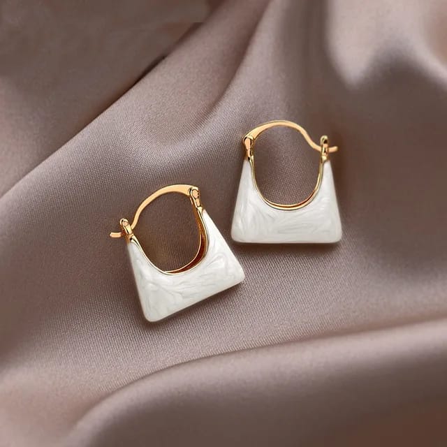 White & Gold Plated Korean Style Handbag Hoop Earrings For Women & Girls