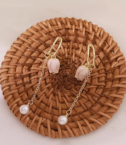 Pink & White Gold Plated Korean Style Tulip Flower Drop Earrings For Women & Girls