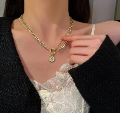 Gold Plated Korean Style Layered Chain Necklace With Vintage Coin Pendant For Women & Girls