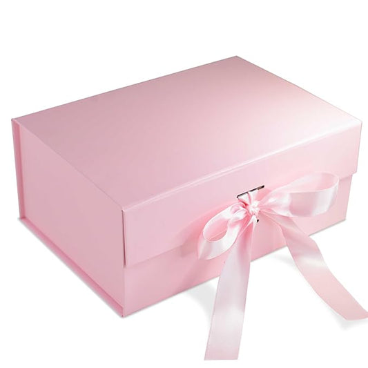 Foldable Gift Box with Ribbon 23 x 16 x 10cm Gift Boxes for Packaging (1 Pack) Multi-Purpose Gift Boxes for Presents Reuse Gift Packing Box Decorative Hamper Box (Pink