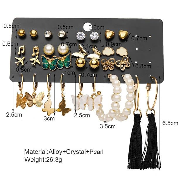 Multicolor Trendy Butterfly & Pearl Earrings Set For Women And Girls (17 Pairs)