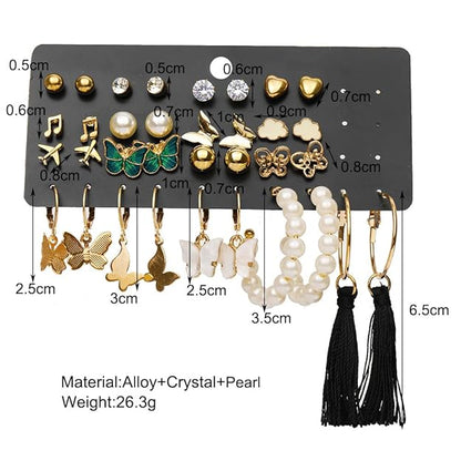 Multicolor Trendy Butterfly & Pearl Earrings Set For Women And Girls (17 Pairs)