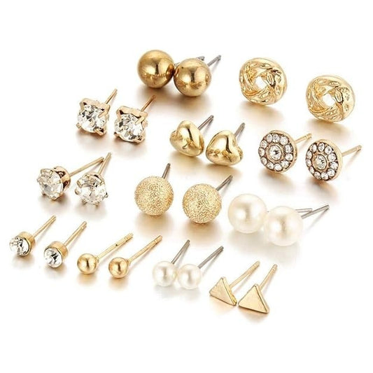 Gold & Pearl Trendy Stud Earrings Set For Women & Girls (12 Pairs)