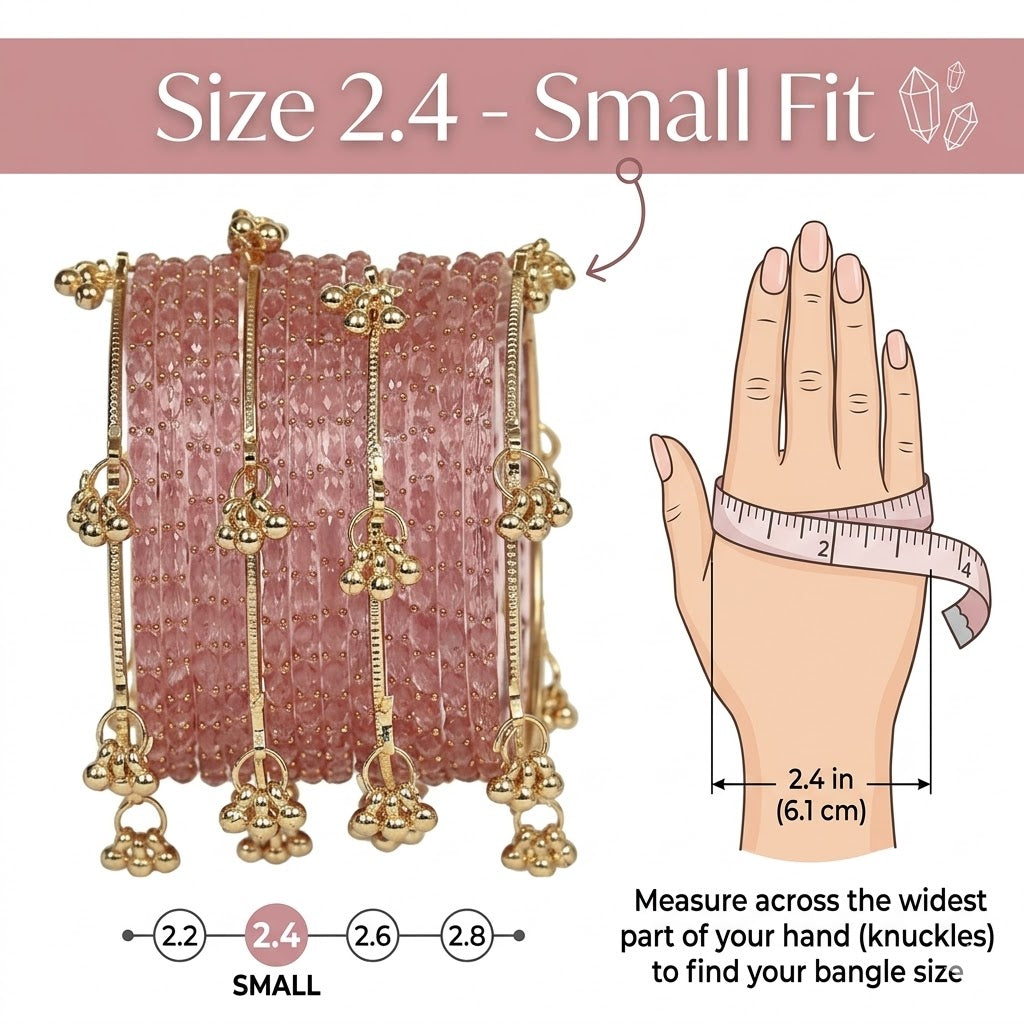 Set of 12 Pink Crystal Bangles with 4 Kashmiri Bangles & Gold Ghungroo Charms