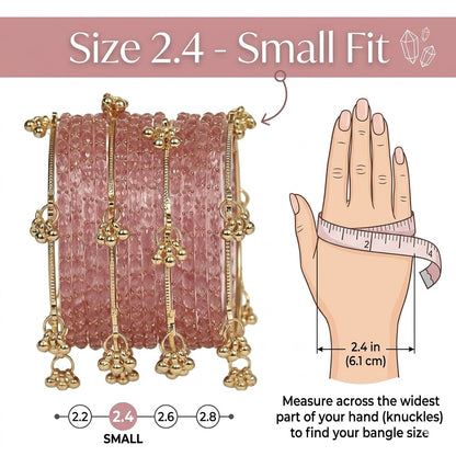 Set of 12 Pink Crystal Bangles with 4 Kashmiri Bangles & Gold Ghungroo Charms