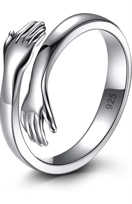 Elegant Silver Toned Hug Ring/Hand-Holding Love Bond Adjustable Ring