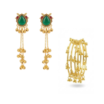 Kashmiri Green Stone Jhumki Earrings with Gold Bangle Set (4 Pieces | Sizes 2.4, 2.6, 2.8)