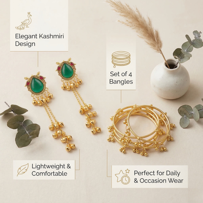Kashmiri Green Stone Jhumki Earrings with Gold Bangle Set (4 Pieces | Sizes 2.4, 2.6, 2.8)