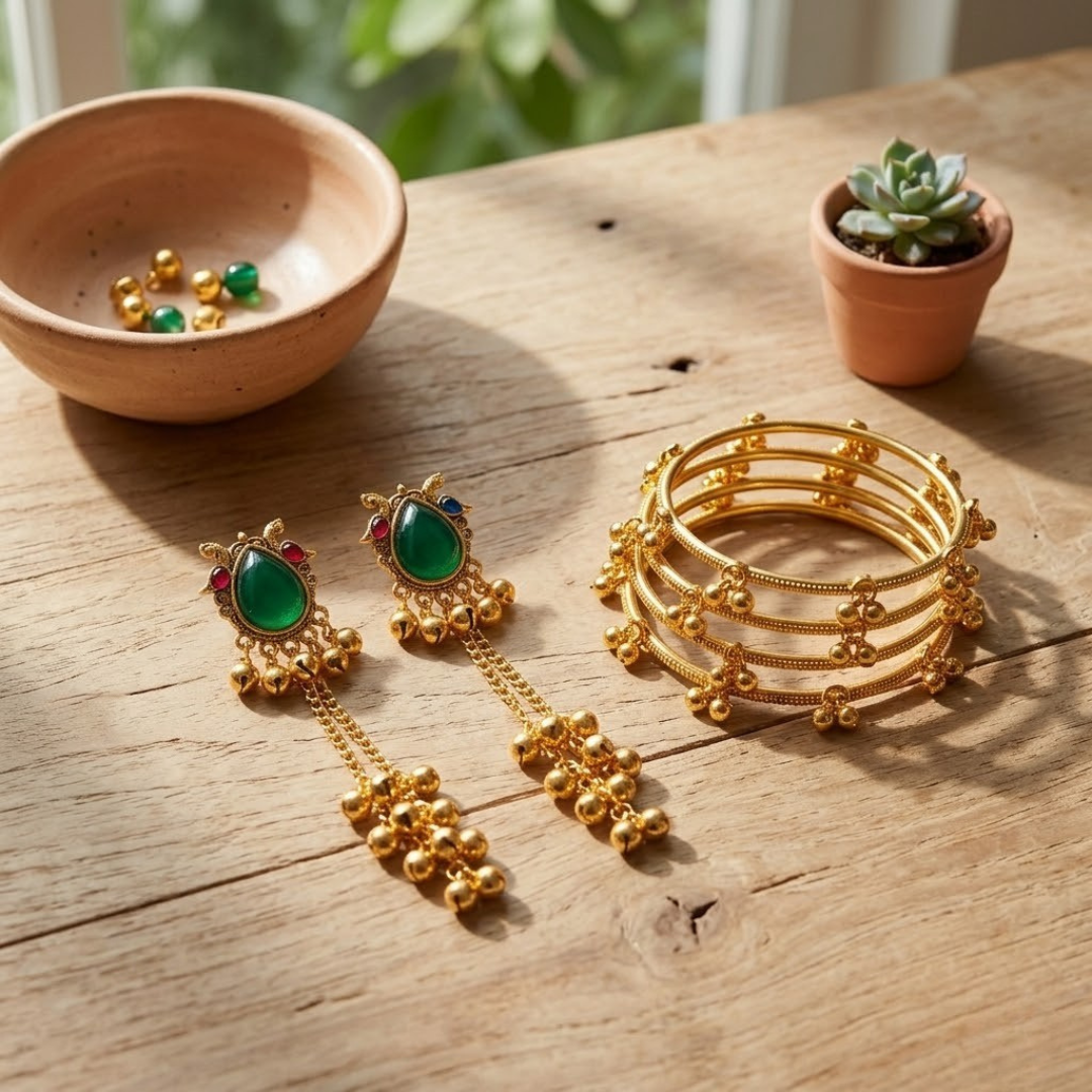 Kashmiri Green Stone Jhumki Earrings with Gold Bangle Set (4 Pieces | Sizes 2.4, 2.6, 2.8)