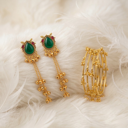 Kashmiri Green Stone Jhumki Earrings with Gold Bangle Set (4 Pieces | Sizes 2.4, 2.6, 2.8)