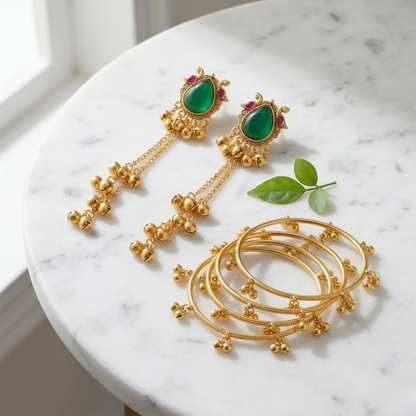Kashmiri Green Stone Jhumki Earrings with Gold Bangle Set (4 Pieces | Sizes 2.4, 2.6, 2.8)
