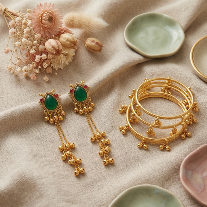 Kashmiri Green Stone Jhumki Earrings with Gold Bangle Set (4 Pieces | Sizes 2.4, 2.6, 2.8)