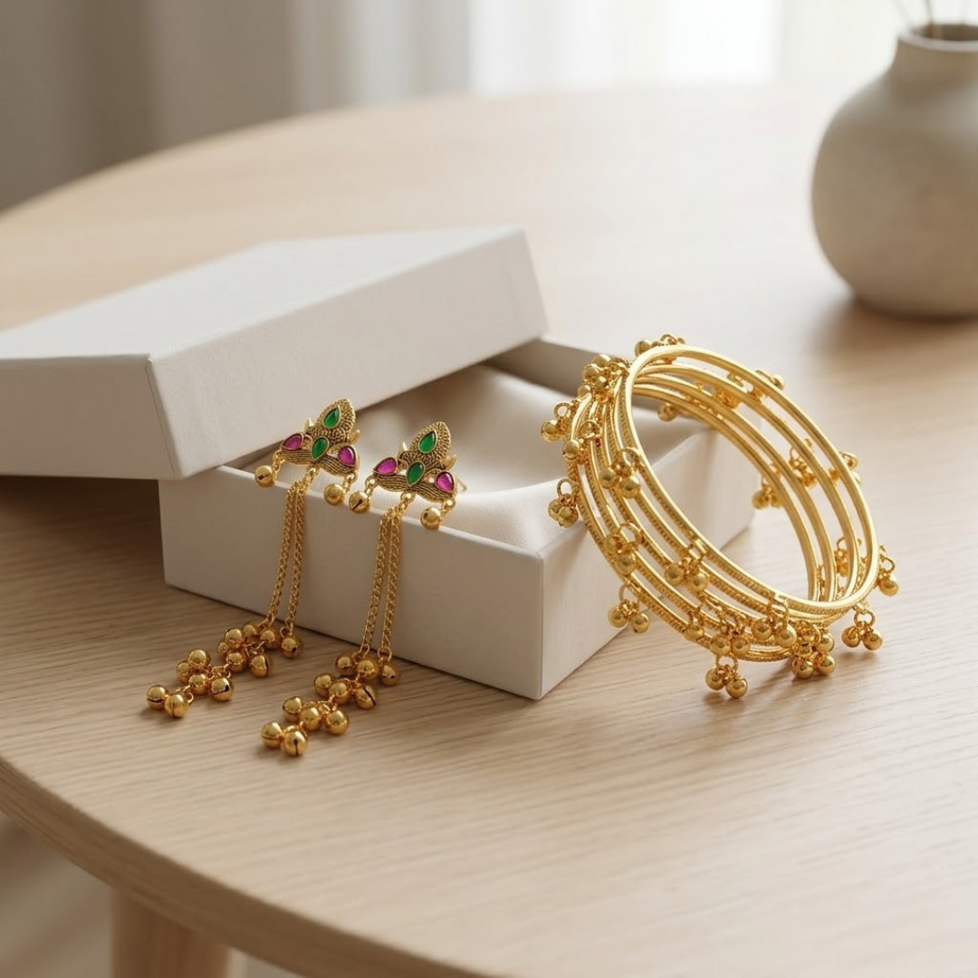 Elegant Kashmiri Jhumka & Gold Bangle Set