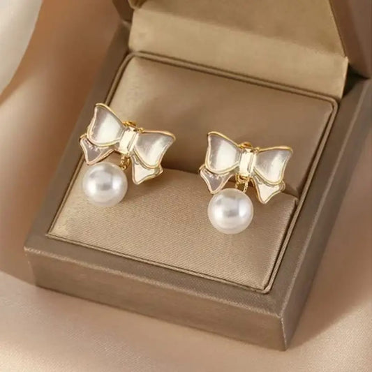 Golden Bow Pearl Drop Earrings