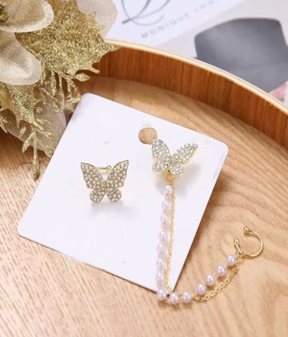 White Korean Style Butterfly Stud Chain Cuff Earring For Girls & Women