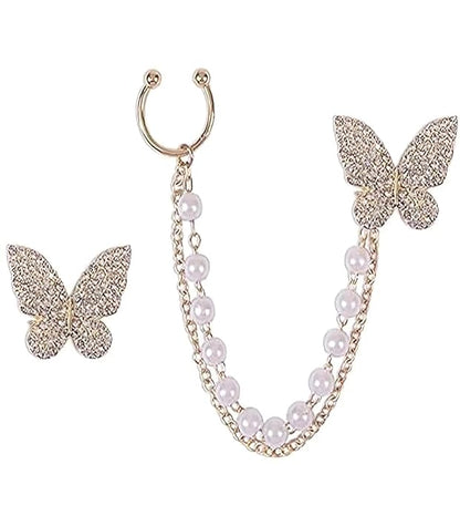 White Korean Style Butterfly Stud Chain Cuff Earring For Girls & Women