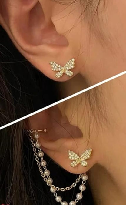 White Korean Style Butterfly Stud Chain Cuff Earring For Girls & Women