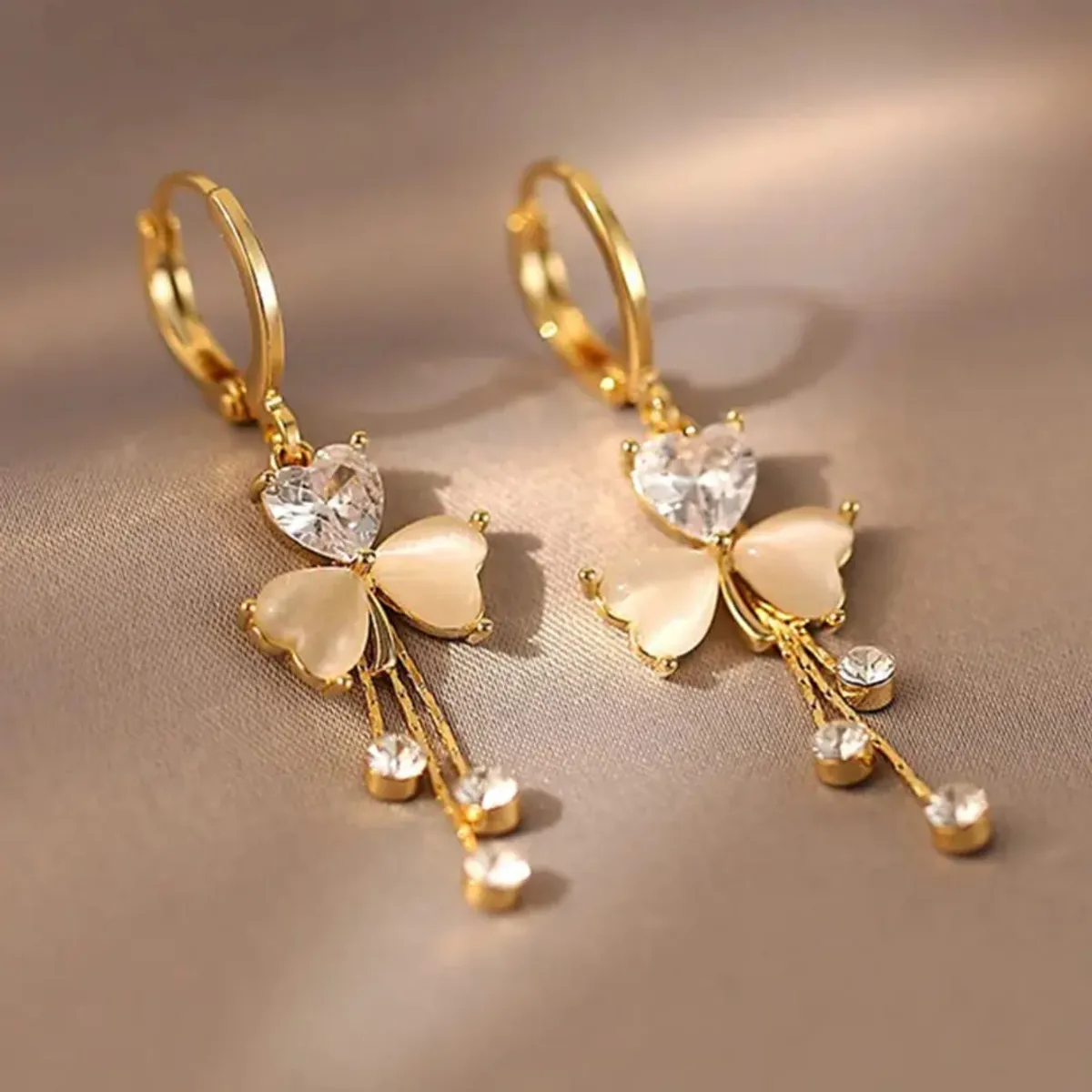 Gold Clover Crystal Love Heart Dangle Earrings