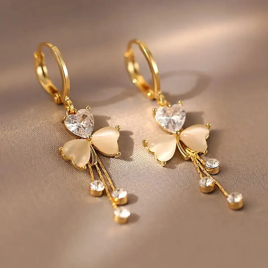 Gold Clover Crystal Love Heart Dangle Earrings