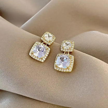 Golden Cubic Zirconia Square Drop Earrings