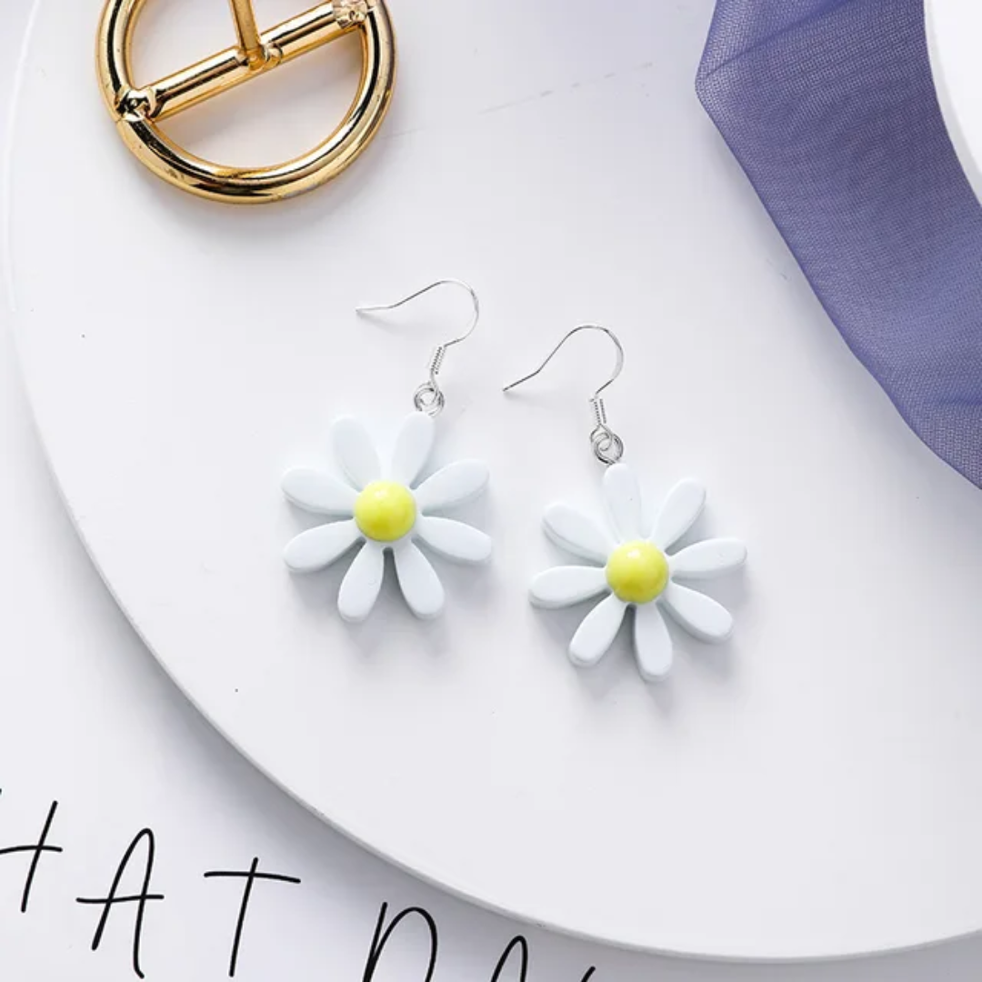 White Petals With Yellow Center Daisy Flower Drop Earrings