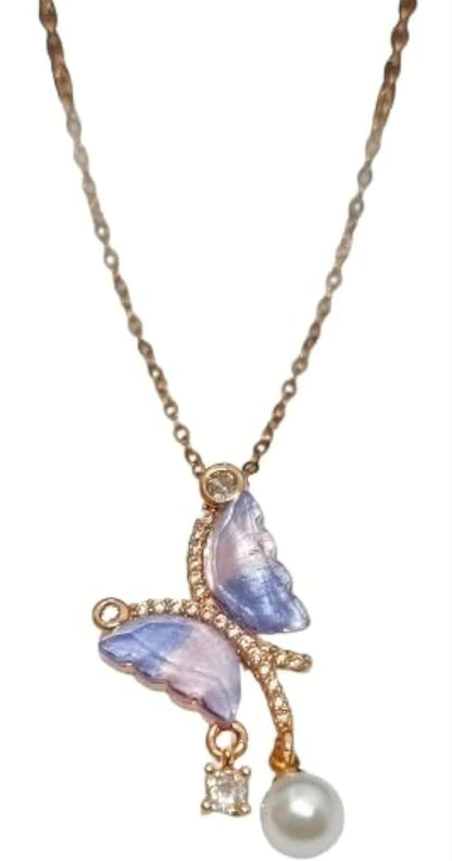Golden Blue Elegant Butterfly Pendant Necklace With Pearl Drop For Women & Girls