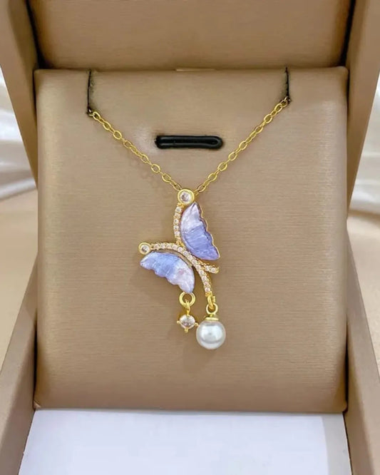 Golden Blue Elegant Butterfly Pendant Necklace With Pearl Drop For Women & Girls