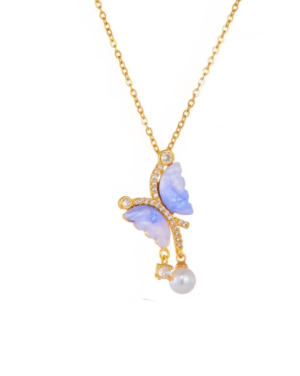 Golden Blue Elegant Butterfly Pendant Necklace With Pearl Drop For Women & Girls