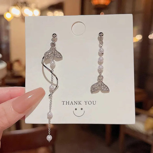 Silver Elegant Long Tassels Mermaid Tail With Pearl Dangle Earrings