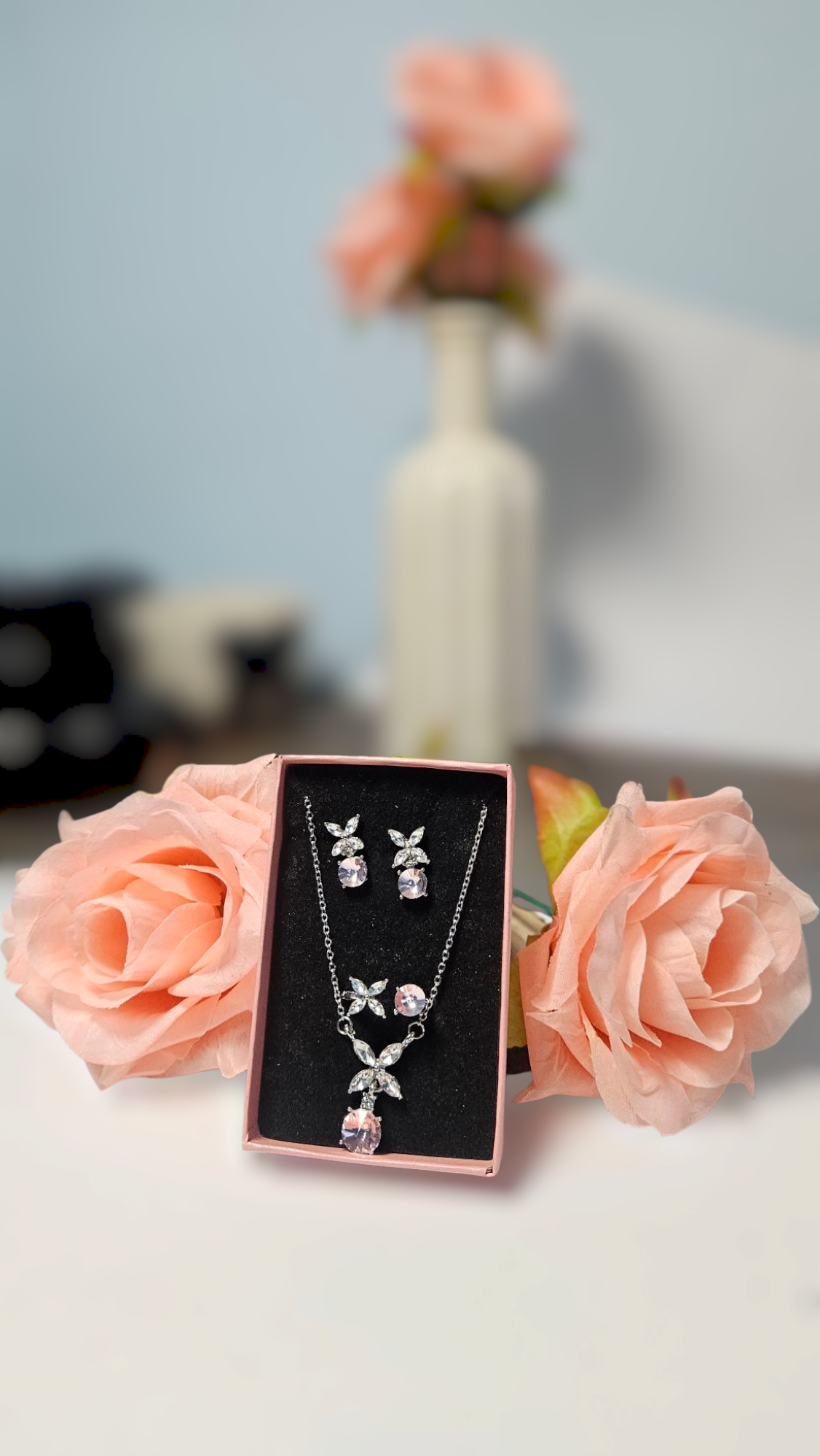 Pink Stone Korean Style Jewelry Set With Gift Box For Women
