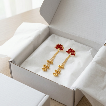Red Lotus Long Chain Jhumki Earrings with Ghungroo Drops