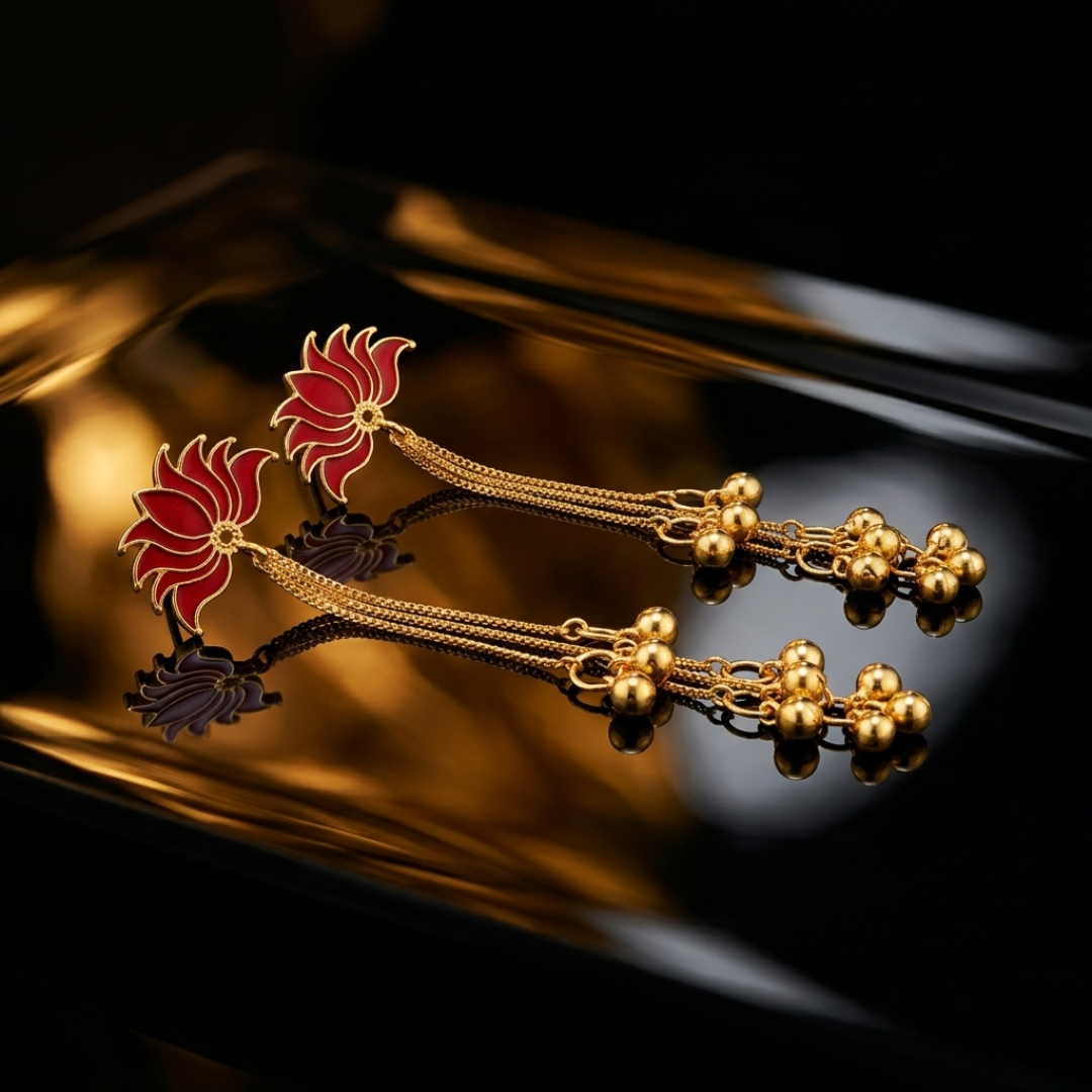 Red Lotus Long Chain Jhumki Earrings with Ghungroo Drops