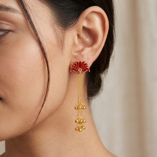 Red Lotus Long Chain Jhumki Earrings with Ghungroo Drops