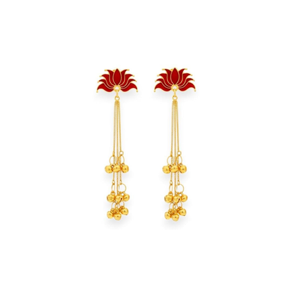 Red Lotus Long Chain Jhumki Earrings with Ghungroo Drops