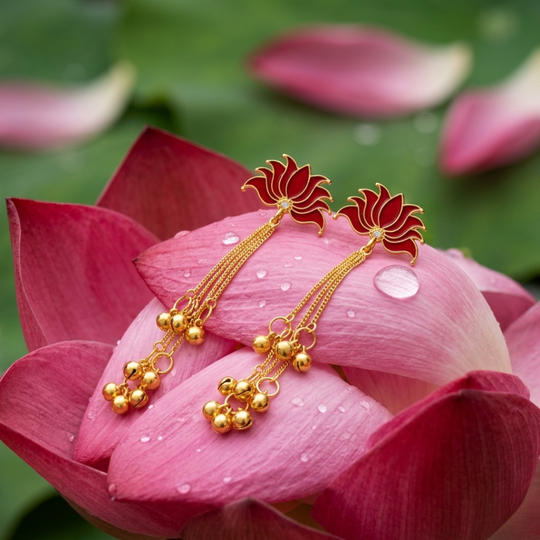 Red Lotus Long Chain Jhumki Earrings with Ghungroo Drops