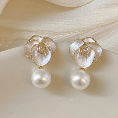 Golden & White Enamel Flower Earrings With Cubic Zirconia Center & Pearl Accent